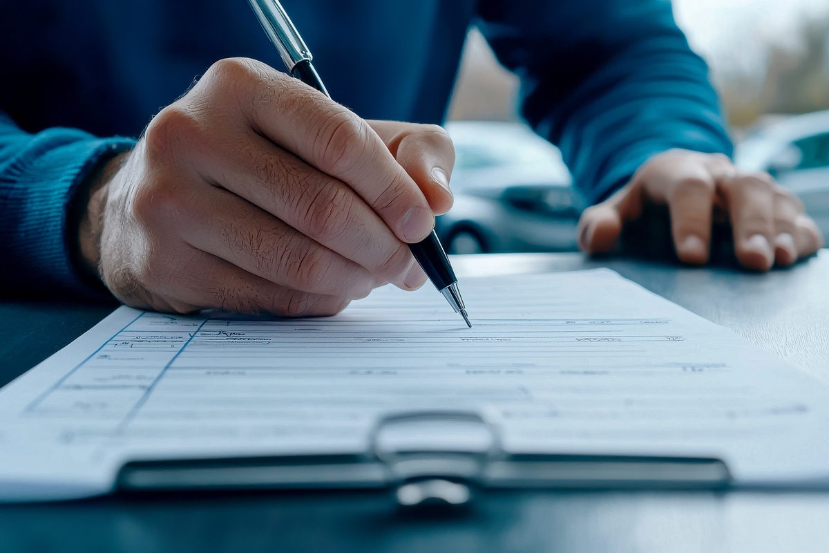 Close-up of a hand holding a pen, signing a document with a clipboard ...